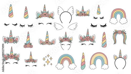 Whimsical unicorn party elements including golden horns, floral ears, colorful rainbows, and eyelashes for magical kids birthday themes.