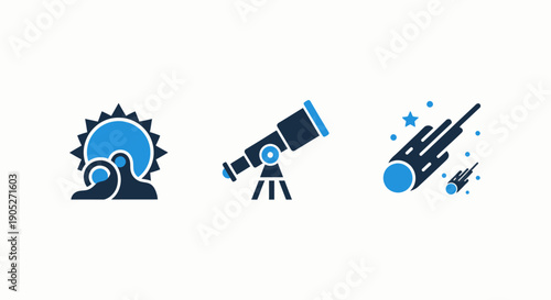 Astronomy icons: a stylized sun with lens flare, a telescope on a tripod, and a comet or meteor shower streaking through space.