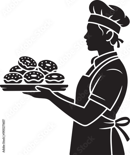 Baker in silhouette holds a tray of donuts, wearing chef hat and apron