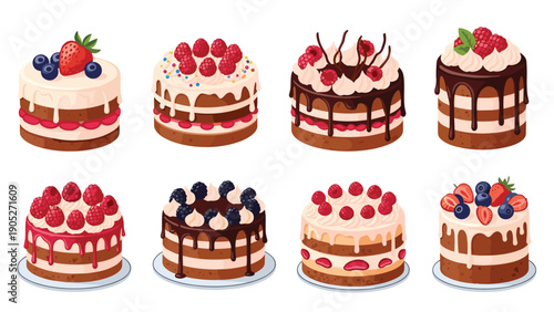 Assorted delicious layered cakes decorated with chocolate ganache and fresh berries like strawberries, blueberries, and raspberries.