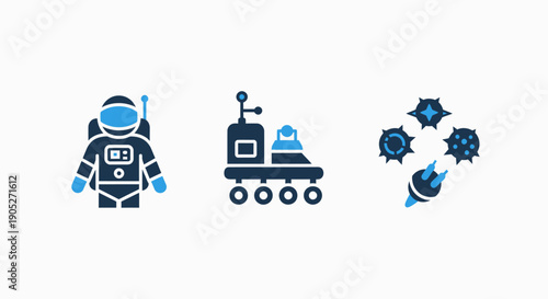 Icons for space exploration: astronaut in suit, rover vehicle, and hazardous asteroids or space debris with small spacecraft.