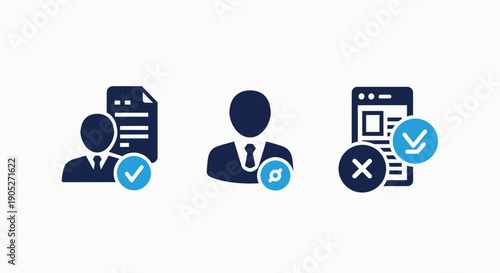 Collection of three flat design icons depicting user profiles with checkmarks, settings gears, and a cross symbol for verification and management.