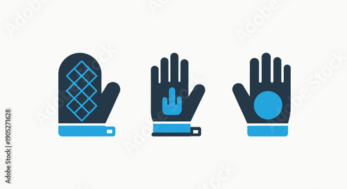 Set of three icons representing different types of gloves: an oven mitt with a grid pattern, a biker glove, and a work glove with a circle.