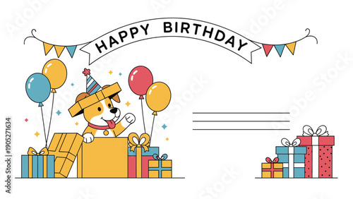 Happy birthday greeting card design features a cute corgi puppy popping out of a gift box surrounded by balloons and banners.