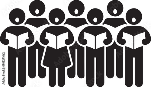 Black silhouette icon of a choir group singing together while holding songbooks, representing musical performance, church hymns, Christmas caroling, and vocal harmony.