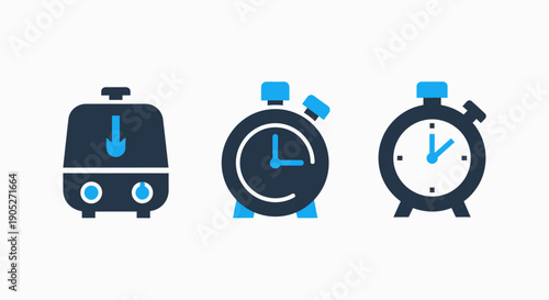 A collection of three icons: a stylized humidifier, a stopwatch, and a clock, representing air quality, time management, and scheduling.