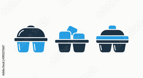 Set of three simple flat icons related to ice cubes: a lidded container, a tray with ice cubes, and another lidded container design.