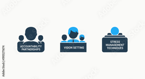 Business icons for management and strategy: group of people for accountability, team with vision for vision setting, and person icon for stress management.