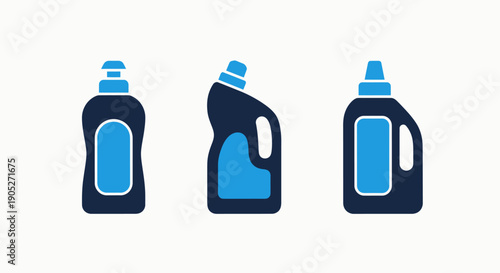 Collection of flat icons representing household cleaning products: pump bottle, angled detergent bottle with liquid, and standard cleaning fluid bottle.