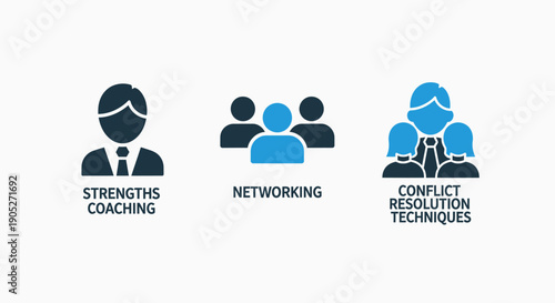 Icons for strengths coaching, networking, and conflict resolution techniques, focusing on personal development and team collaboration.