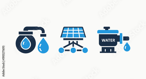 Water technology icons: faucet with dripping water, solar panels connected to network, and a water pump with outflowing liquid.