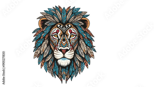 Artistic illustration of a lion head decorated with colorful patterns and a majestic mane made of various patterned bird feathers.
