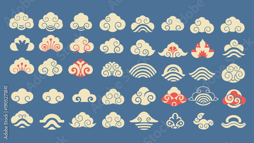 Large set of traditional oriental cloud patterns and decorative swirl motifs in various shapes against a solid blue background.