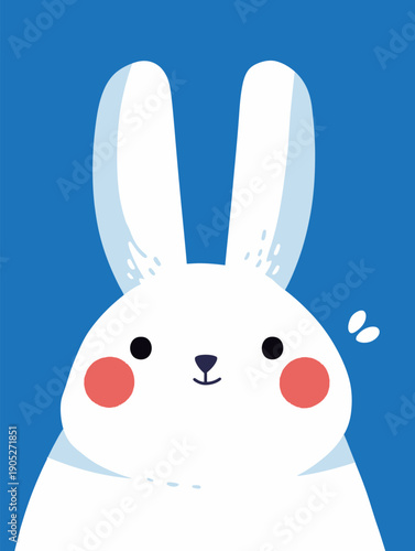 A white rabbit with large ears and a round face smiles at the viewer against a blue backdrop. The design is simple and playful.