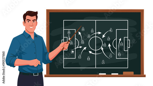 Professional football coach uses a wooden pointer to explain game tactics and player positions on a large tactical blackboard.