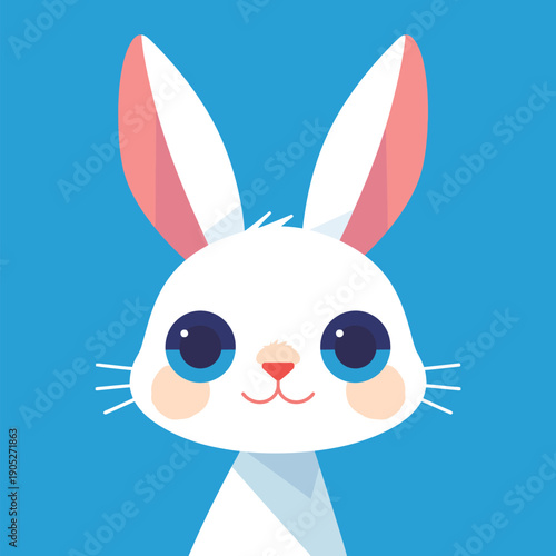 A white rabbit with large ears and blue eyes looks at the viewer. It has a friendly expression and a light blue background.