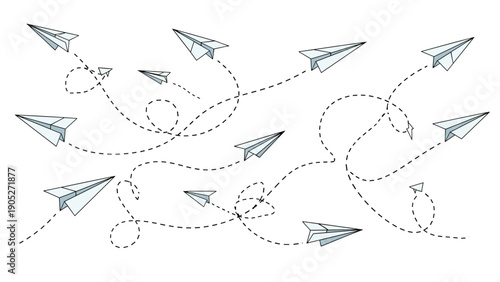 Pattern of several blue paper airplanes flying across a white space with dashed line trails showing their diverse flight paths.