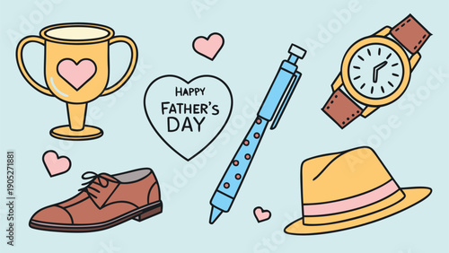 Happy Father's Day greeting card illustration with blue hearts and decorative bow tie on a light background..eps