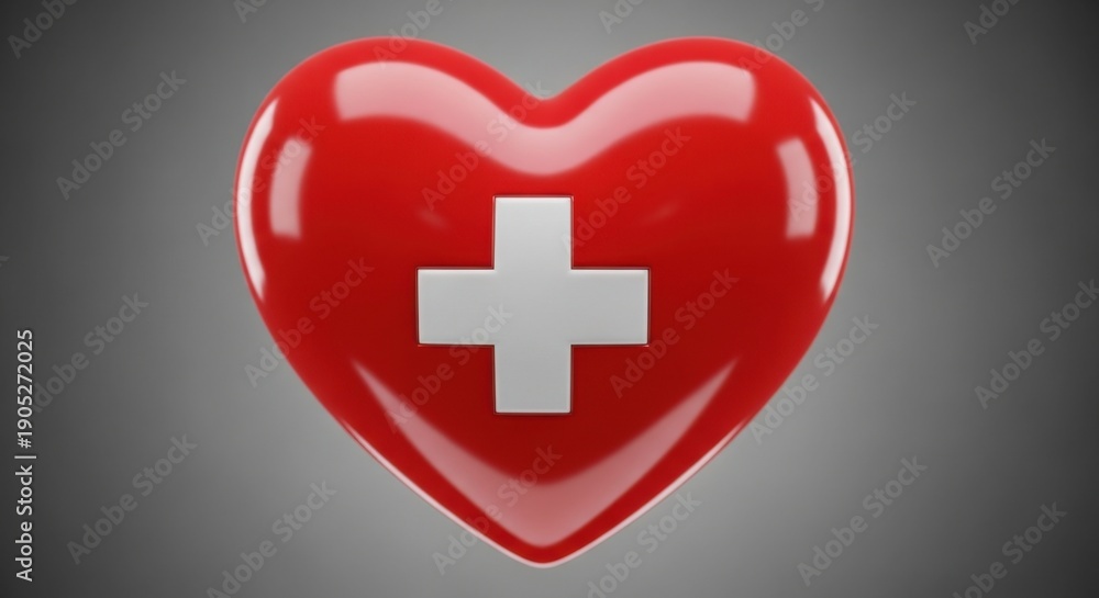 Obraz premium Conceptual 3D Red Heart with White Cross for Medical Insurance and Healthcare Marketing. Symbolizing Emergency Service, Cardiology, and Life Saving.