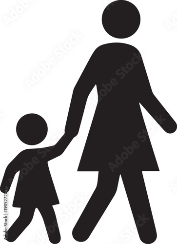 Simple black silhouette icon of a mother walking and holding hands with her little daughter, symbolizing family love, parenting care, child protection, and maternal support.