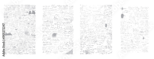 Four panels of handwritten scientific equations and diagrams on white background science math formula