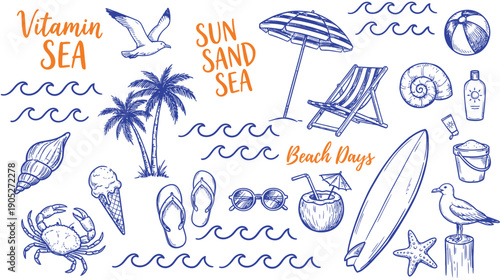 Hand Drawn Beach Themed Vector Set with Summer Doodles Including Waves, Palm Trees, Shells, Crabs, Sunglasses, and Surfboards, Perfect for Vacation Designs, T-Shirt Prints, and Tropical Projects