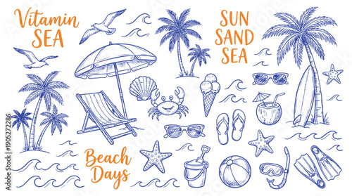 Hand Drawn Beach Themed Vector Set with Summer Doodles Including Waves, Palm Trees, Shells, Crabs, Sunglasses, and Surfboards, Perfect for Vacation Designs, T-Shirt Prints, and Tropical Projects