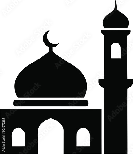 Obraz na płótnie Simple black silhouette icon of a traditional Islamic mosque featuring a large dome and tall minaret, symbolizing Muslim prayer, religious architecture, and Ramadan celebrations