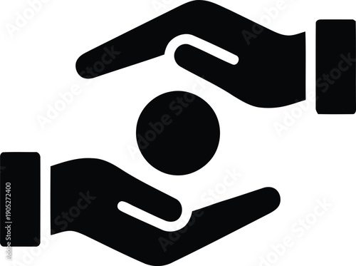 Simple black silhouette icon featuring two hands protecting a central circle, representing concepts of insurance coverage, safety, charity support, and secure financial investment.