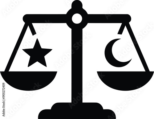 Simple black silhouette icon of a balance scale weighing a star and crescent moon equally, representing night and day harmony, religious coexistence, and astrological equilibrium.