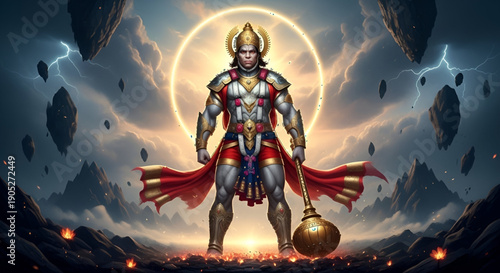 Celestial Heroic Deity: A majestic and powerful figure, radiating an aura of divinity, stands against a dramatic celestial backdrop, embodying strength and valor.