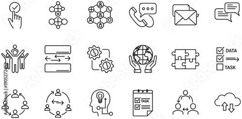 Business teamwork and communication icons set, line art collection featuring collaboration, data exchange, cloud sync, and project management