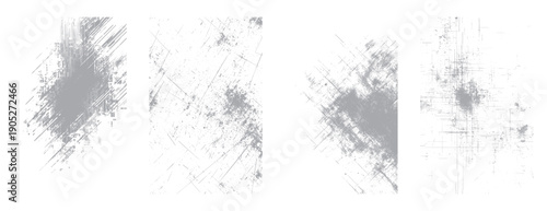 Four grey grunge textures with scratches and speckles on white background distressed abstract