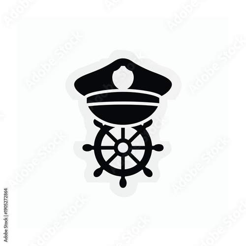 Vector image featuring a ship's wheel and captain's hat against a white background.