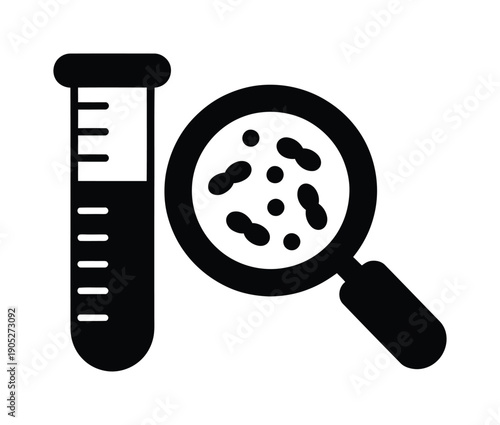 Black-and-white vector image of a magnifying glass examining bacteria in a petri dish