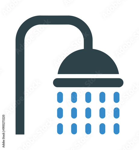 Vector image of a modern shower head with flowing water droplets in blue color