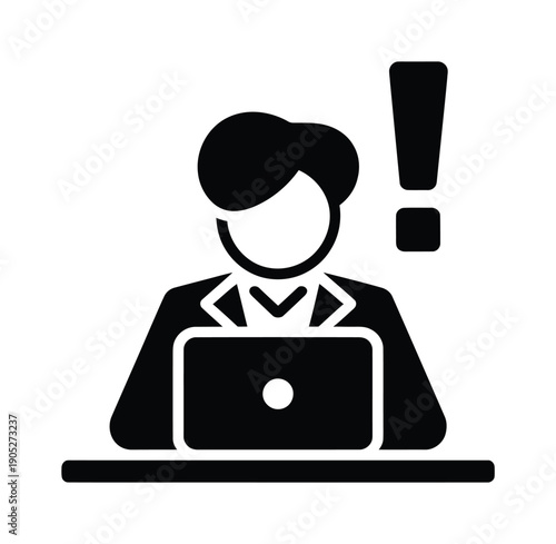 Vector illustration of a person sitting with a laptop and exclamation mark hovering above