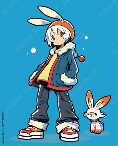 A boy with white hair and rabbit ears stands next to a small rabbit character on a bright blue background.