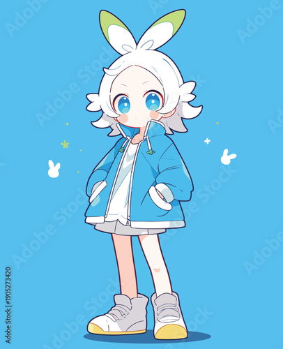 A character with white hair and blue eyes wears a blue jacket and shorts. The setting has a bright blue background. The character appears cheerful.