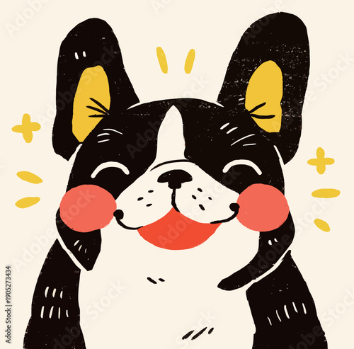 A cartoon dog smiles widely with bright colors on its ears and cheeks. The background is simple and light.