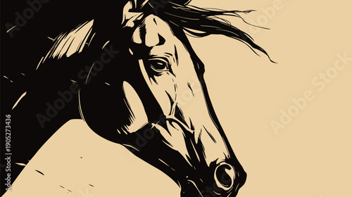 A horse is running swiftly through a field at sunset. The horse has a strong look and its mane flows in the wind.