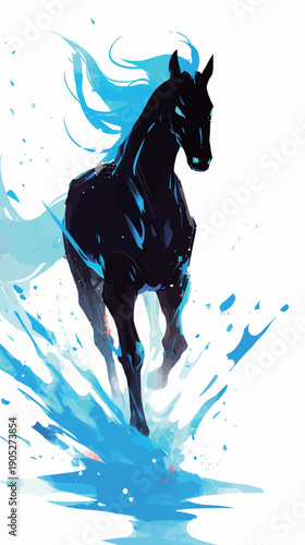 A black horse runs swiftly through water, creating splashes of blue around it during daytime, showing energy and movement.