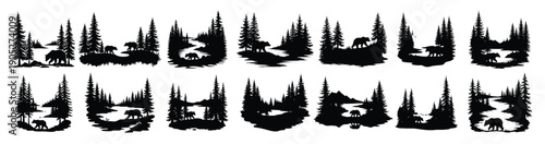 Black silhouette scenes of bears and pine trees grizzly bear