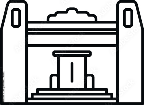 Abstract line art rendering a mausoleum building with central grave monument
