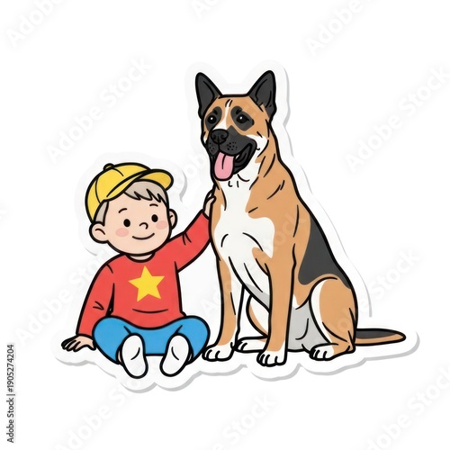 A cartoon illustration of a young boy and a German Shepherd dog sitting together, with the boy wearing a red shirt with a yellow star and blue pants, and the dog wearing a yellow cap