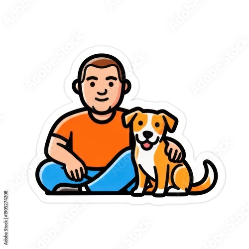 A cartoon illustration of a man sitting with a dog, both smiling and looking content.