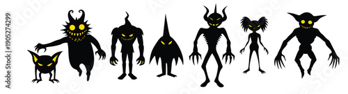 collection of creepy monsters with yellow eyes
