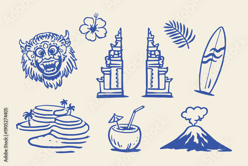 Bali Indonesia symbols doodle vector illustration