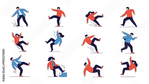 Multiple illustrations of people losing their balance and slipping on wet surfaces or falling down in various comical positions.
