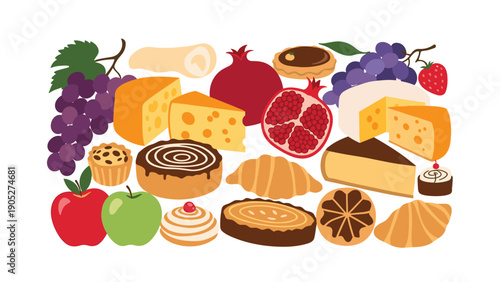 Dense arrangement of various food items including blocks of cheese, purple grapes, pomegranate, apples, and assorted pastries.